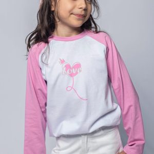 Remera de manga niña rosa y blanco